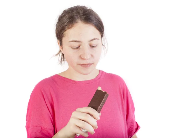Meisje Eten Heerlijke Chocolade Wafel Geïsoleerd Wit — Stockfoto
