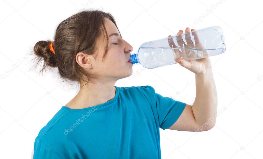 woman drinking water from bottle isolated oh white