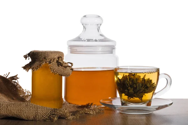 Čaj a med ve sklenicích — Stock fotografie