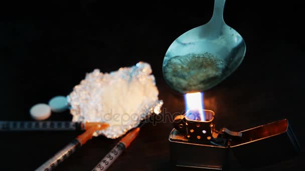 Preparing Narcotic Substance Spoon Fire — Stock Video