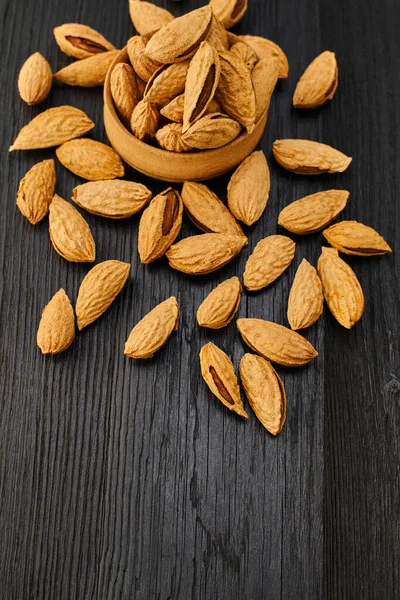 Almond Nut Close Black Wooden Background — Stock Photo, Image