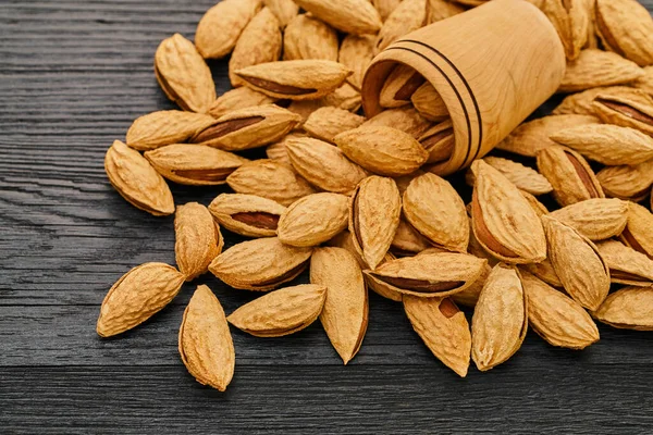 Almond Nut Close Black Wooden Background — Stock Photo, Image