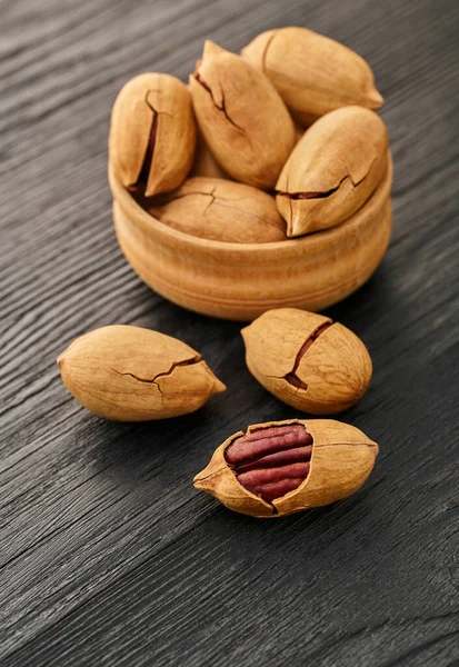 Pecan Nut Close Black Wooden Background — Stock Photo, Image