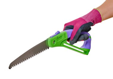 bahçe aracı beyaz izole bir arkaplanda el testeresi                               