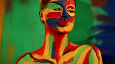 Renkli yüz ve vücut boyalı bir kadın. Parlak makyajlı ve vücut destekli kızın renkli portresi..