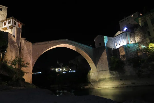 Παλιά Γέφυρα Νύχτα Παλιά Πόλη Μόσταρ — Φωτογραφία Αρχείου
