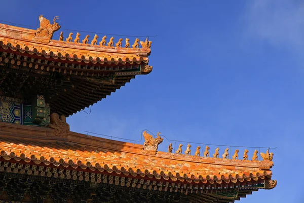 Imperial roof decoration of the highest status on the roof ridge of the Hall of Supreme Harmony, Forbidden City, Beijing, China
