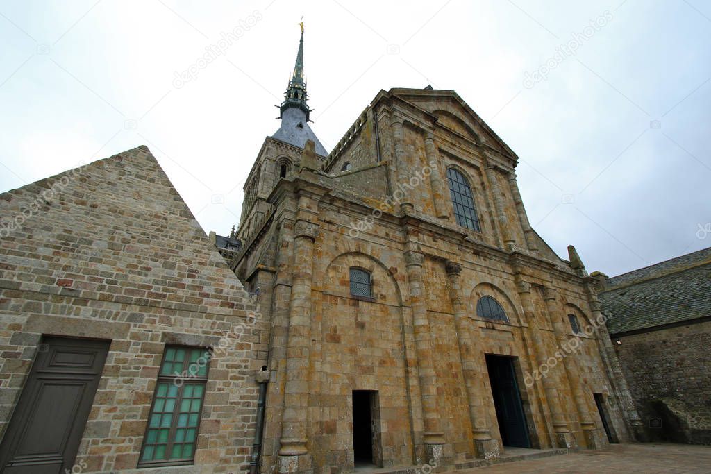 Classic facade of the church-abbey Saint-Michel, Mont Saint Michel, Normandy, France