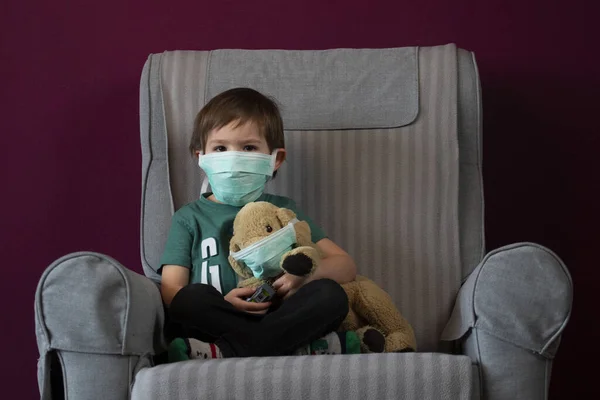 Coronavirus Covid Junge Und Sein Stoffwelpe Schutzmasken Quarantäne Hause — Stockfoto