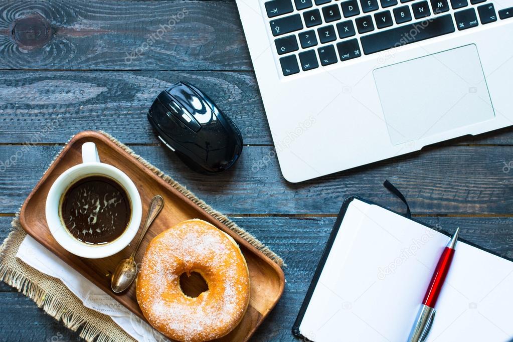 Donut,  laptop, a coofee mug  
