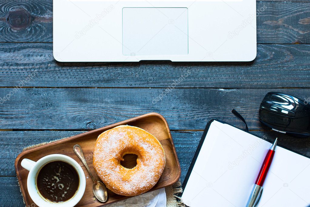 Donut,  laptop, a coofee mug  