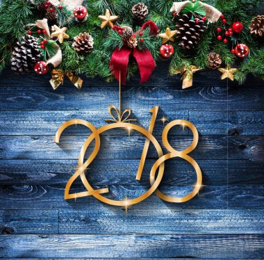 2018 happy New Year ve neşeli Noel çerçevelemek ile kar ve rea