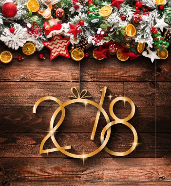 2018 happy New Year ve neşeli Noel çerçevelemek ile kar ve rea