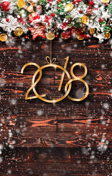 2018 Feliz año nuevo y feliz marco de Navidad con nieve y rea — Foto de Stock