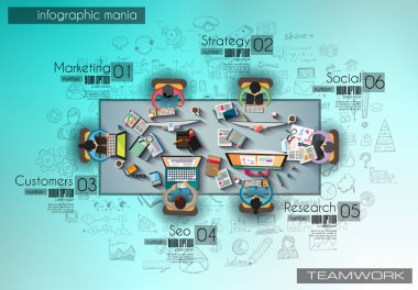 Infograph background template with a temworking brainstorming table with infographic design elements and mockups and hand drawn sketches of technology items. clipart