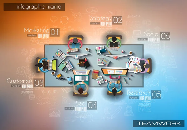 Infographic와 Temworking 브레인스토밍 테이블 Infograph 요소와 디자인과 항목의 그려진된 스케치를 — 스톡 벡터