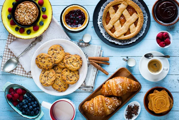 Vue Dessus Bois Avec Gâteaux Fruits Café Bonbons — Photo