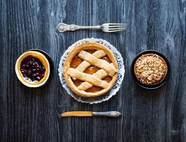 Top View Wood Table Cakes Fork Knife — Stock Photo, Image