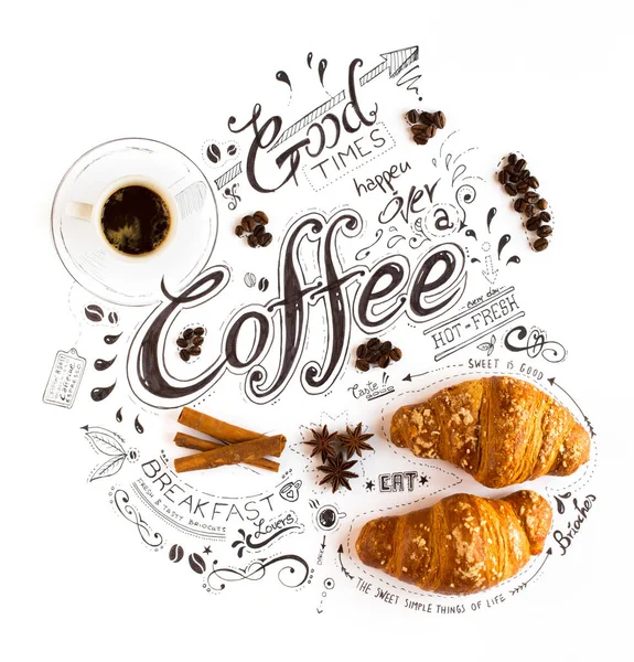 Hand Drawn Coffee Lettering Typography with various themed text, brioches, spices and coffee beans