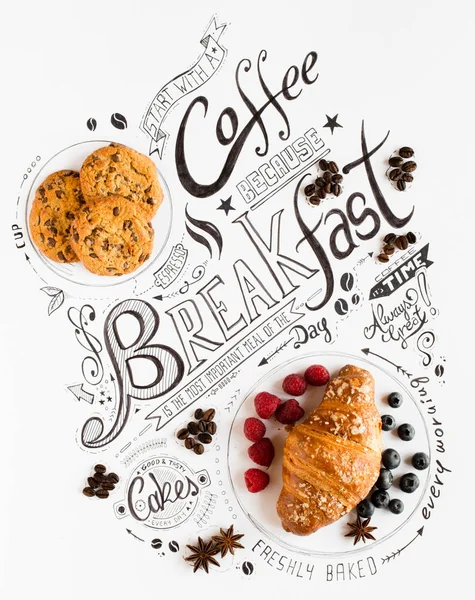 Hand Drawn Breakfast Lettering Typography with classic Phrases, Real sweet food