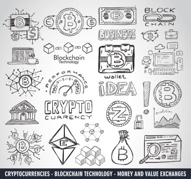 Cryptocurrency konsept elle çizilmiş doodle tasarımı. blockchains, yazılım cüzdan, değişimler, veri madenciliği, düğümler ve benzeri