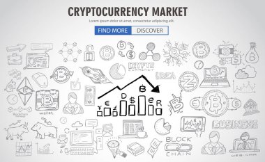 Cryptocurrency konsept elle çizilmiş doodle tasarımı. blockchains, yazılım cüzdan, değişimler, veri madenciliği, düğümler ve benzeri