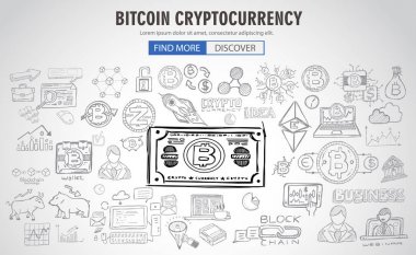 Cryptocurrency konsept elle çizilmiş doodle tasarımı. blockchains, yazılım cüzdan, değişimler, veri madenciliği, düğümler ve benzeri