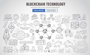 Cryptocurrency konsept elle çizilmiş doodle tasarımı. blockchains, yazılım cüzdan, değişimler, veri madenciliği, düğümler ve benzeri