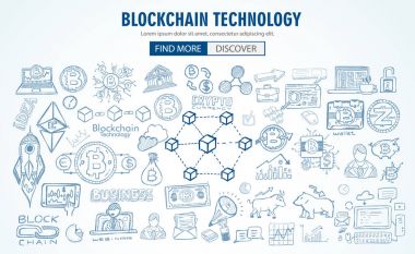Cryptocurrency kavramı elle çizilmiş doodle gibi Tasarımlar: blockchain, yazılım cüzdan, değişimler, veri madenciliği, düğümleri