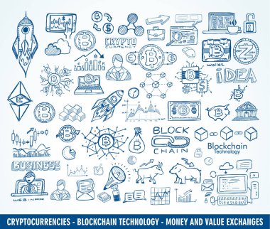 Cryptocurrency kavramı elle çizilmiş doodle gibi Tasarımlar: blockchain, yazılım cüzdan, değişimler, veri madenciliği, düğümleri