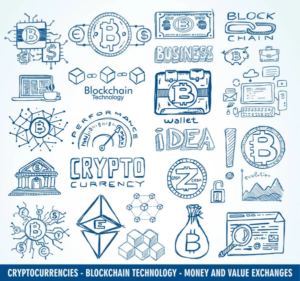 Cryptocurrency kavramı elle çizilmiş doodle gibi Tasarımlar: blockchain, yazılım cüzdan, değişimler, veri madenciliği, düğümleri