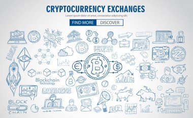 Cryptocurrency kavramı elle çizilmiş doodle gibi Tasarımlar: blockchain, yazılım cüzdan, değişimler, veri madenciliği, düğümleri