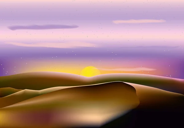 Paesaggio vettoriale collina marrone, cielo viola e sole — Vettoriale Stock