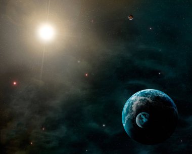 Uzay sahne. İki gezegen ile mavi karanlık bulutsu. Öğeleri furnishe