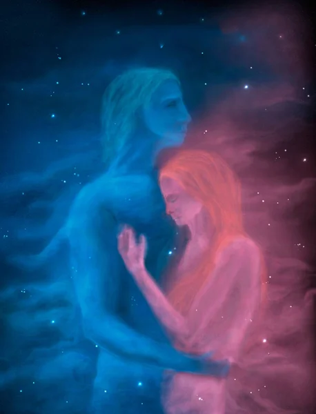 Uzay sahne. Genç erkek ve kadın nebula boyalı. Öğeleri f