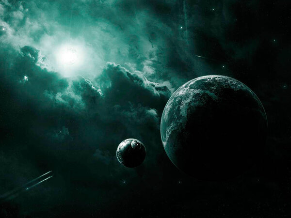Space scene. Dark green nebula with two planet. Elements furnished by NASA