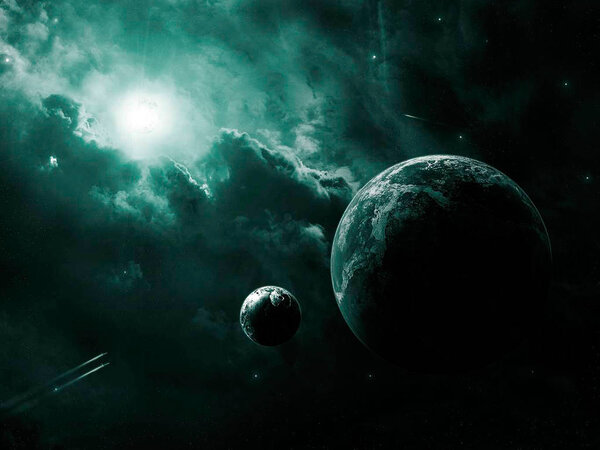 Space scene. Dark green nebula with two planet. Elements furnish