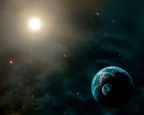 Космическая сцена Тёмно-голубая туманность с двумя планетами. Элементарная мебель — стоковое фото