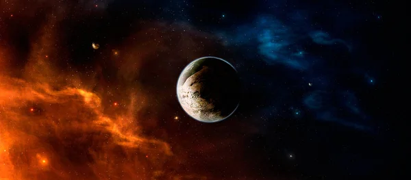 Uzay sahne. Turuncu ve mavi nebula ile gezegen ortada. Eleme