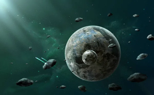 Uzay sahne. İki gezegen arasında Asteroitler ile koyu yeşil Bulutsusu