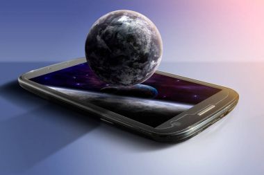 Menekşe gezegen ve koyu mavi ba alanı ile mobil illüstrasyon