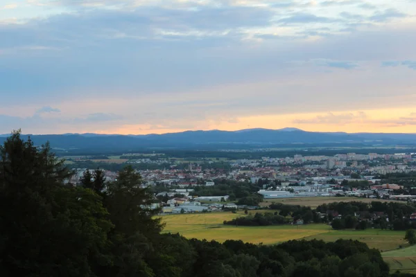 Panoramatic view on city Ceske Budejovice in sunset with trees — Stock Photo, Image