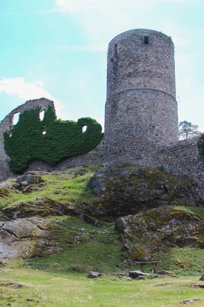 Detail věže hradu Helfenburk se zelenou trávou. Česká krajina — Stock fotografie