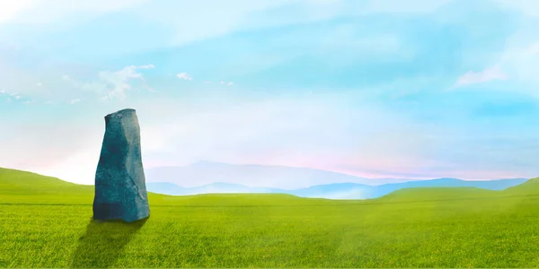Paesaggio fantascientifico con grande pietra verde erba e cielo, pai digitale — Foto Stock