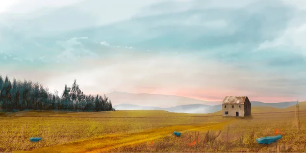 Paesaggio fantascientifico con casa, alberi e cielo, pittura digitale — Foto Stock