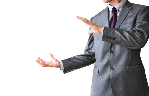 Homem de negócios com as mãos abertas, isolado sobre fundo branco — Fotografia de Stock