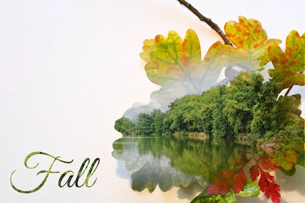 Herbst-Doppelbelichtung in Blatt und Landschaft mit Teich — Stockfoto