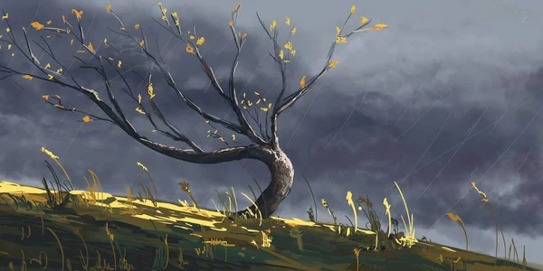 Autumn tree in storm, digital fantasy painting