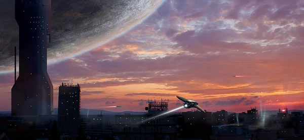 Sci-fi city with planet and spaceships, photo manipulation, Elem — Stock Photo, Image