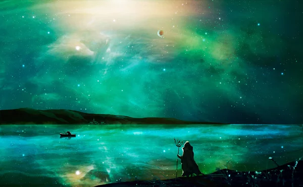 Pintura digital de paisaje de ciencia ficción con nebulosa, mago, planeta , — Foto de Stock